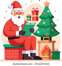 Santa Claus sitting by a fireplace, reading a list of good children, with a Christmas tree