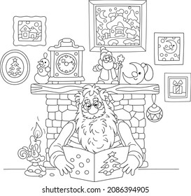 Santa Claus sitting by his fireplace and reading an illustrated letter with a list of holiday gifts from a child on a winter evening, black and white vector cartoon illustration for a coloring book