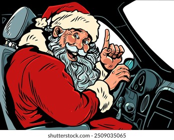 Santa Claus is sitting in a car behind the wheel. Coming Christmas and New Year holidays. Gift courier on the eve of the holidays. Pop Art Retro Vector Illustration Kitsch Vintage 50s 60s Style. On a