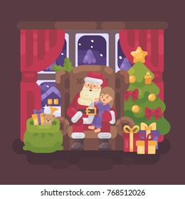 Santa Claus sitting in a chair in a cozy room with a little girl in his lap whispering into his ear. Christmas character greeting card flat illustration