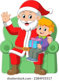 Santa claus sitting in chair with a little cute boy of illustration