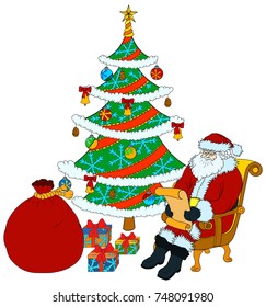 Santa Claus is sitting in the chair next to the Christmas tree. Santa reads the wish list, next to him there are presents and a red sack. Illustration isolated on white.