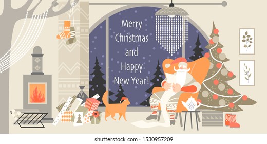 Santa Claus is sitting in a chair and reading a list with gifts in a cozy room with a stove and Christmas tree. Vector illustration in cartoon style.