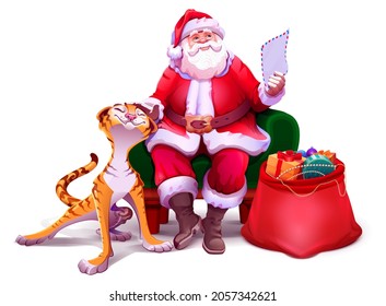 Santa claus sitting in chair reading letter and stroking tiger. Tiger symbol 2022 new year and christmas. Vector cartoon illustration isolated on white
