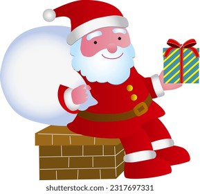 Santa Claus sitting in the chimney with gifts