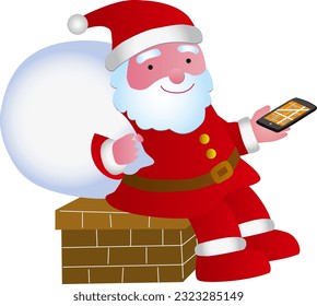 Santa Claus sitting in the chimney looking for a house on his smartphone