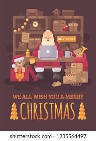 Santa Claus sitting at the desk in his office filled with parcels for children. Santa with a laptop checking emails. Christmas flat illustration greeting card