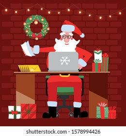 Santa Claus sitting at the desk in his office filled with parcels for children. Santa with a laptop checking emails. Christmas flat vector illustration