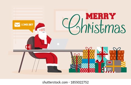 Santa Claus sitting at the desk in his office filled with parcels for children. Santa with a laptop checking emails. Merry Christmas Background. Vector Illustration
