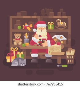 Santa Claus Sitting At The Desk In His Workshop Making Toys For Kids. Christmas Flat Illustration