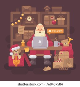 Santa Claus sitting at the desk in his office filled with parcels for children. Santa with a laptop checking emails. Christmas flat illustration