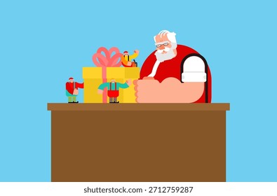 Santa Claus sitting at a desk surrounded by wrapped Christmas gifts. Holiday planning and preparation vector illustration.