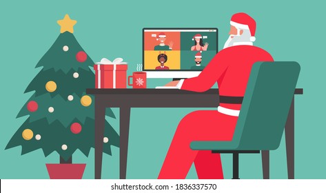 Santa Claus sitting at the desk and using a laptop, chatting to people at his office on the Christmas holiday with gift and decorated Christmas tree, flat vector illustration