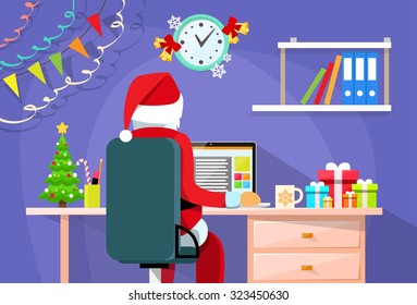 Santa Claus Sitting Desk Using Laptop Internet Back Rear View Christmas Holiday Flat Vector Illustration