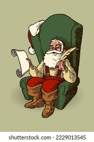 Santa Claus sitting in his armchair with the list and pen. Vintage Christmas character isolated.