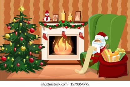 Santa Claus is sitting in his chair at home and reading wish list. Christmas tree, fireplace, gifts in the bag.  Cozy interior. Vector illustration.