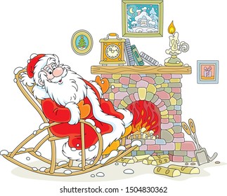 Santa Claus sitting in his creaking rocking chair and basking by an old fireplace with a mantel clock after a winter walk through a snowy forest, vector illustration in a cartoon style