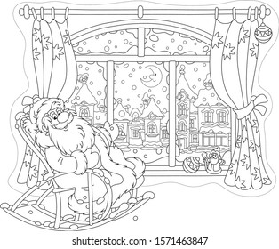 Santa Claus sitting in his creaking rocking chair and looking through a big window at a winter town on a beautiful snowy night, black and white vector cartoon illustration