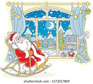 Santa Claus sitting in his creaking rocking chair and looking through a big window at a colorful winter town on a beautiful snowy night, vector cartoon illustration