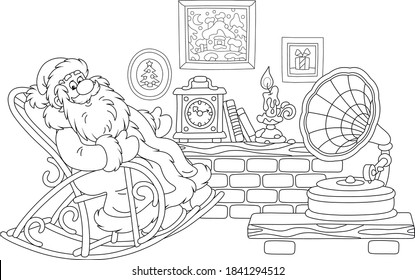 Santa Claus sitting in his creaking rocking chair, resting after a winter walk in a snowy forest and listening to music from an old gramophone in a cozy warm hall, vector cartoon illustration