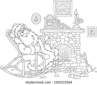 Santa Claus sitting in his rocking chair and basking by a fireplace after a winter walk, black and white vector illustration in a cartoon style for a coloring book