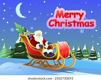 Santa Claus sitting in his sleigh surrounded by many colorful presents against a winter sky with scattered white snowflakes evoking a sense of holiday wonder and magic.