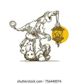 Santa Claus sitting and holding a lantern. Engraving style. Vintage. Vector illustration.