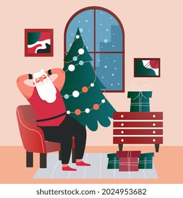 Santa Claus sitting at home. Rest on Christmas night. Winter holidays. Christmas tree with bright lights. Warm and cozy apartment. Cartoon flat vector illustration isolated on white background