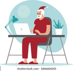 Santa Claus está sentado en casa usando un ordenador portátil, conectado a personas de todo el mundo. concepto de compras en línea de Navidad. Videoconferencia con Santa Claus. Ilustración vectorial plana