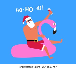 santa claus sitting in inflatable flamingo with wine glass  christmas holiday vacation vector illustration