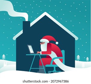 Santa Claus sitting at laptop computer in his workshop. Having video call. Online shopping. Virtual Christmas celebration at home concept. Vector illustration