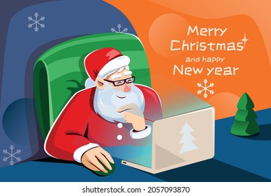 Santa claus is sitting at a laptop at home and choosing a gift for you. Christmas is coming concept. Vector illustration isolated on blue bubble background