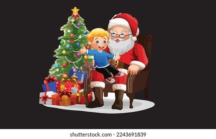 Santa claus sitting with a little cute boy vector image
