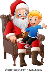 Santa Claus sitting with a little cute boy over Christmas background