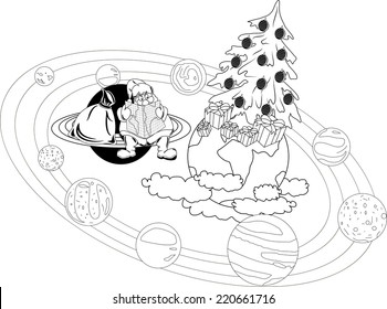 Santa Claus sentado con un mapa en los anillos del planeta y selecciona el itinerario