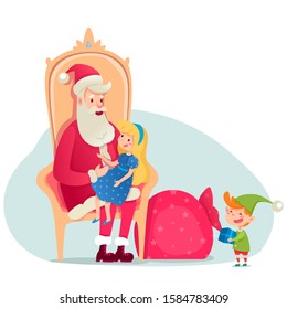 Santa Claus sitting on armchair flat illustration. Girl telling verse, elf and Santa cartoon characters. Christmas holiday design element. Fairy-tale heroes isolated on white background