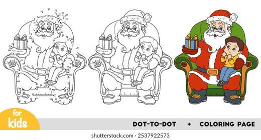 Santa Claus sitting on armchair with kid on knee, education dot to dot game for children. Christmas activity worksheet