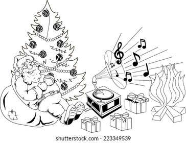 Santa Claus sitting on the bag with gifts and listening to music on the old gramophone