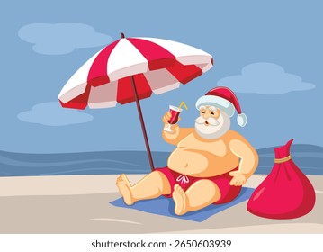 
Santa Claus Sitting on the Beach with Cocktail Vector Cartoon. Funny Christmas celebration concept image of Santa relaxing on an island 