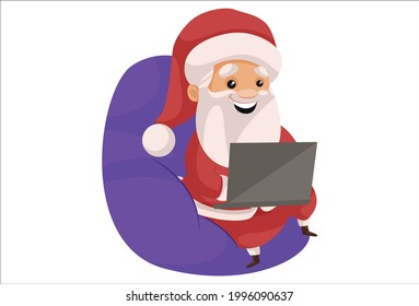 Santa Claus está sentado en la bolsa de frijol y trabajando en una laptop. Ilustración gráfica vectorial. Individualmente sobre un fondo blanco.