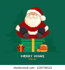 Santa Claus sitting on a box with gifts on a green background with Christmas trees in pixel style.