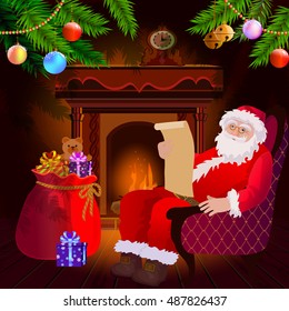 Santa Claus sitting on a chair by the fireplace decorated christmas tree branches, near the big bag with gifts. In the hands of Santa Claus holding a letter. 