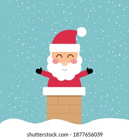 Santa Claus sitting on chimney stuck or smoke funnel. Christmas holiday character on brick pipe. Merry Christmas illustration.