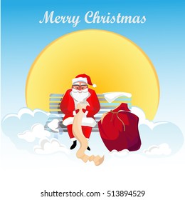Santa Claus sitting on a cloud on a background of the sun. In his hands he holds a list of gifts. Next to Santa a big bag with gifts.
