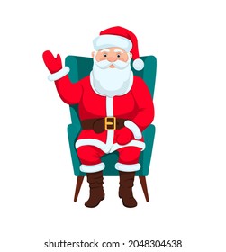 Santa Claus is sitting on a green chair. Flat style. Christmas, holiday, fun. Celebration. Father Frost. Isolated on white background. Vector illustration