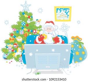 Santa Claus sitting on his sofa and watching TV near a decorated Christmas tree and a big bag of gifts, vector illustration in a cartoon style, on a white background