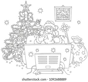 Santa Claus sitting on his sofa and watching TV near a decorated Christmas tree and a big bag of gifts, black and white vector illustration in a cartoon style for a coloring book