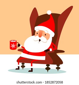Santa Claus sitting on his armchair with a drink in cup. Flat vector concept illustration.