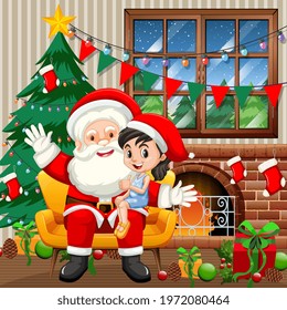 Santa Claus sitting on his lap with cute girl at home scene illustration