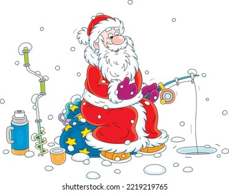 Santa Claus sitting on his gift bag and fishing with a small rod near a drilled ice hole on a frozen winter lake, vector cartoon illustration isolated on a white background